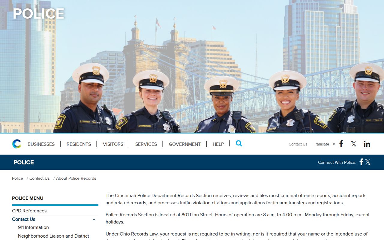 Hamilton County Cincinnati Police records page for arrest record requests