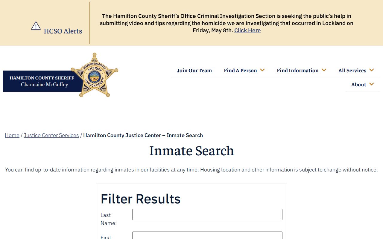 Hamilton County current custody roster search at the official HCSO inmate search page