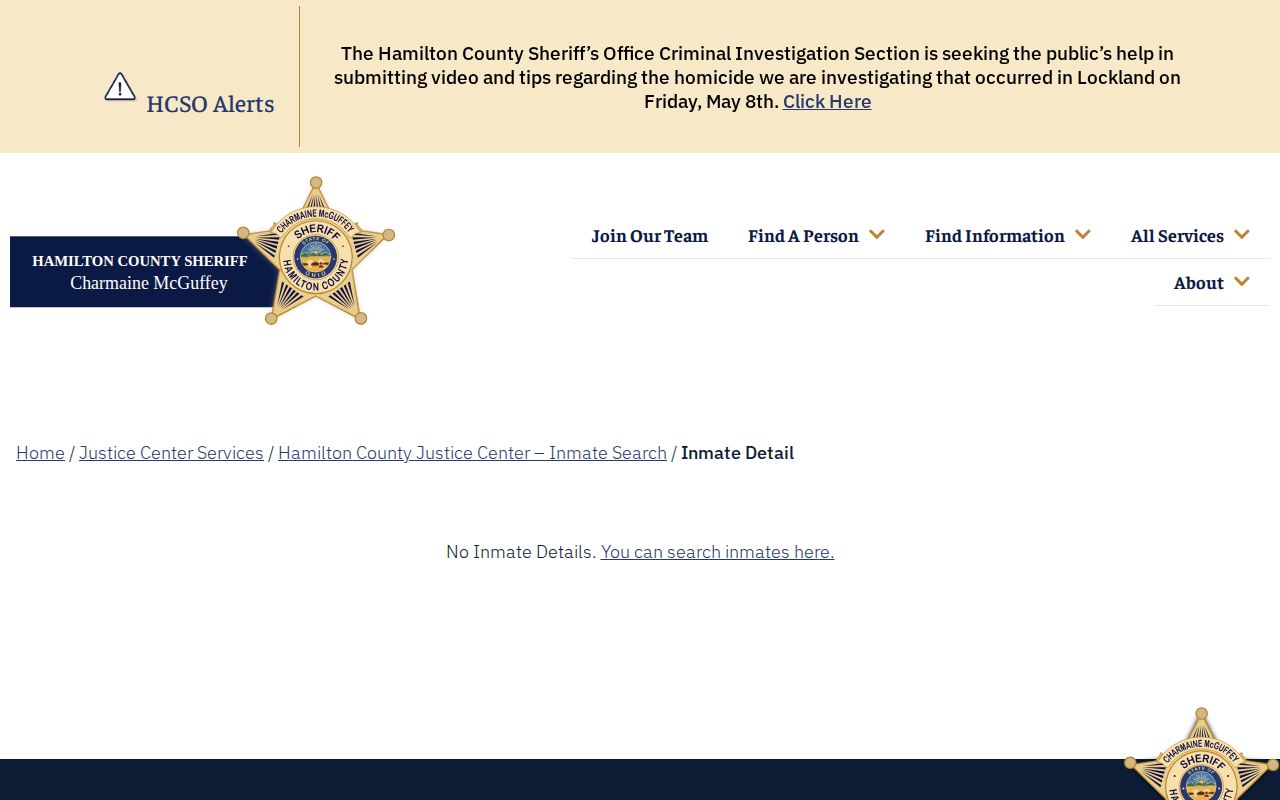 Hamilton County booking record fields in the official HCSO inmate detail interface