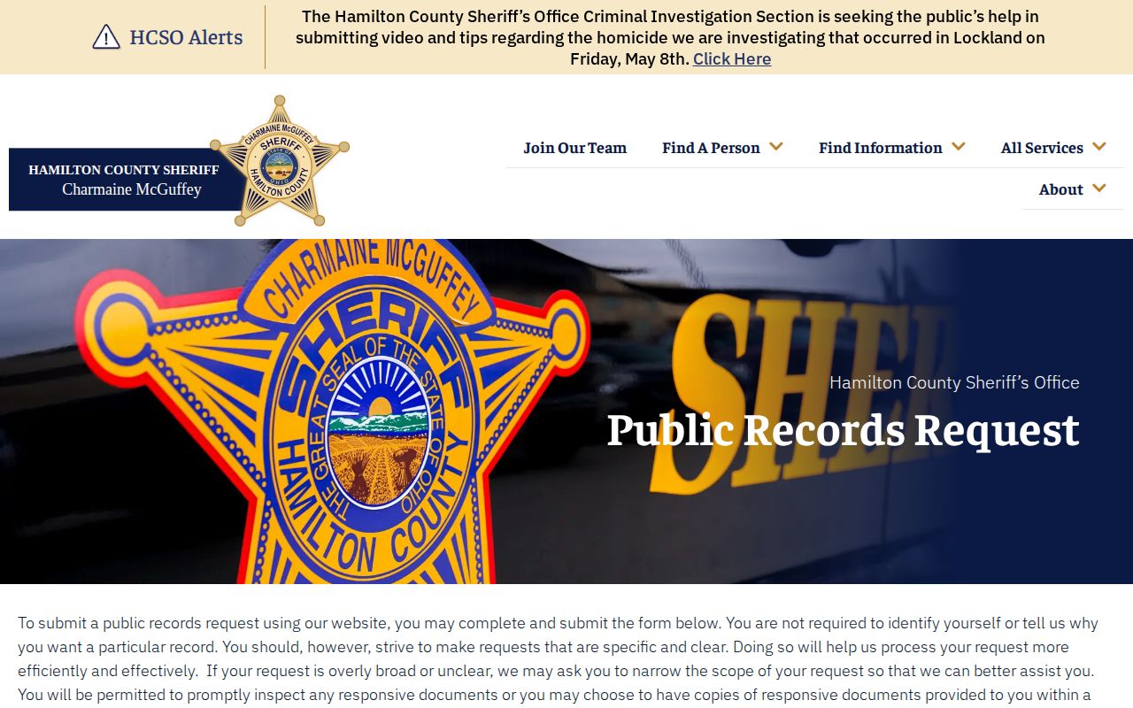 Hamilton County booking record request route on the official HCSO public records page