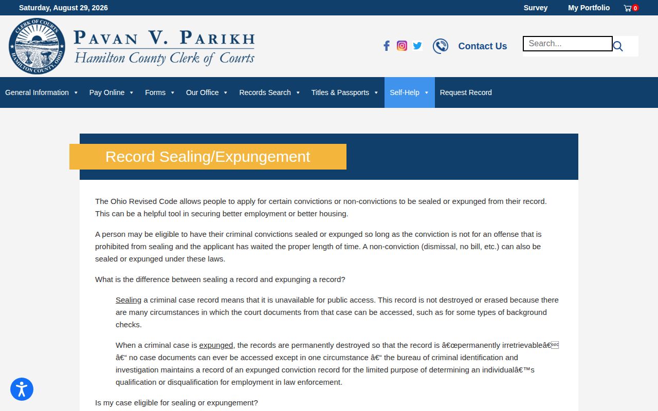 Hamilton County sealing and expungement record relief page