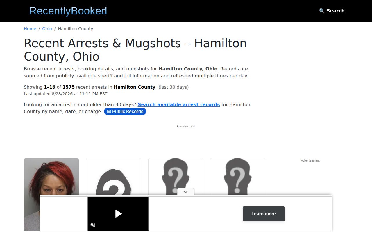 Hamilton County recent booking page from an unofficial third-party archive